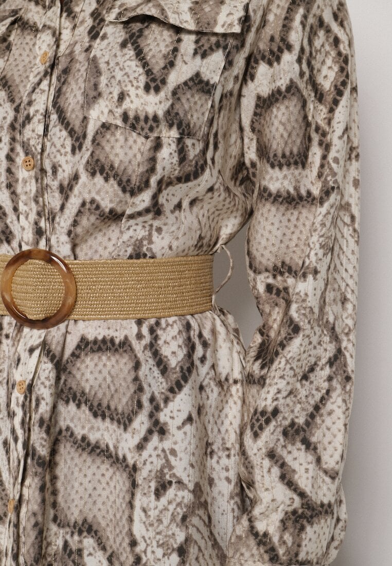 Beżowa Sukienka Koszulowa z Wiskozą Zdobiona Paskiem i Wzorem w Węża Delane