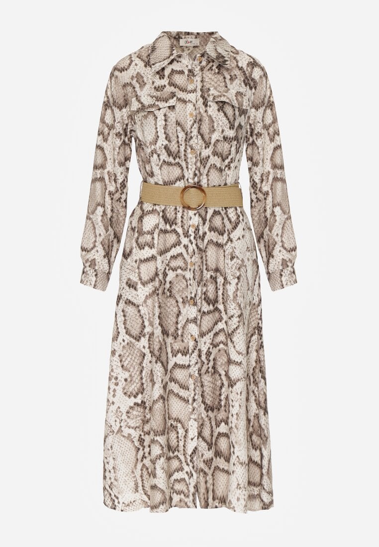 Beżowa Sukienka Koszulowa z Wiskozą Zdobiona Paskiem i Wzorem w Węża Delane