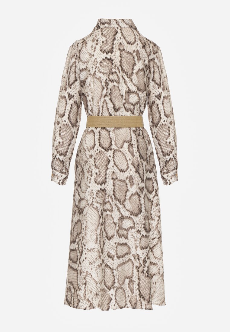 Beżowa Sukienka Koszulowa z Wiskozą Zdobiona Paskiem i Wzorem w Węża Delane