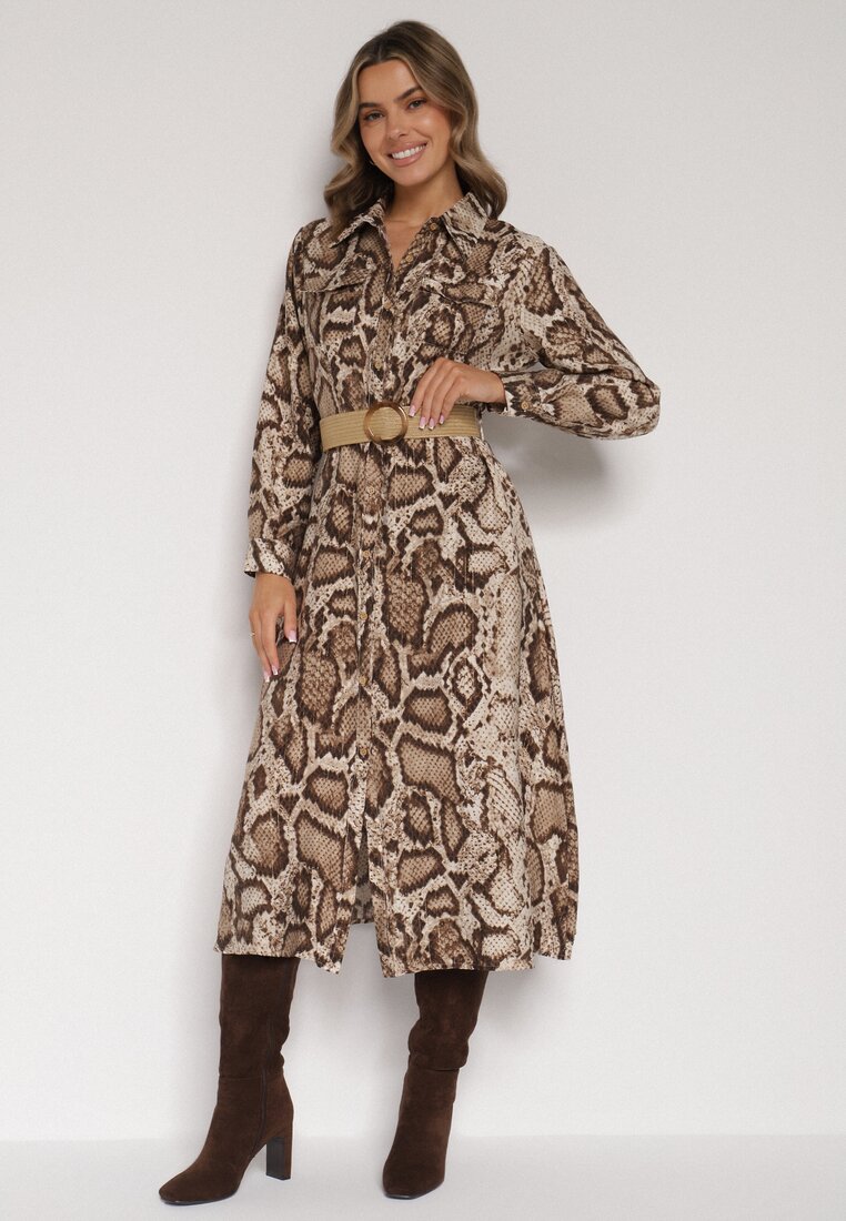 Brązowa Sukienka Koszulowa z Wiskozą Zdobiona Paskiem i Wzorem w Węża Delane