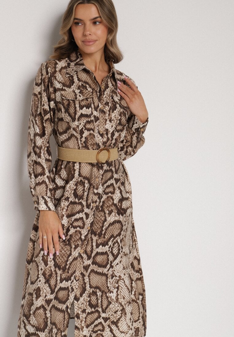 Brązowa Sukienka Koszulowa z Wiskozą Zdobiona Paskiem i Wzorem w Węża Delane
