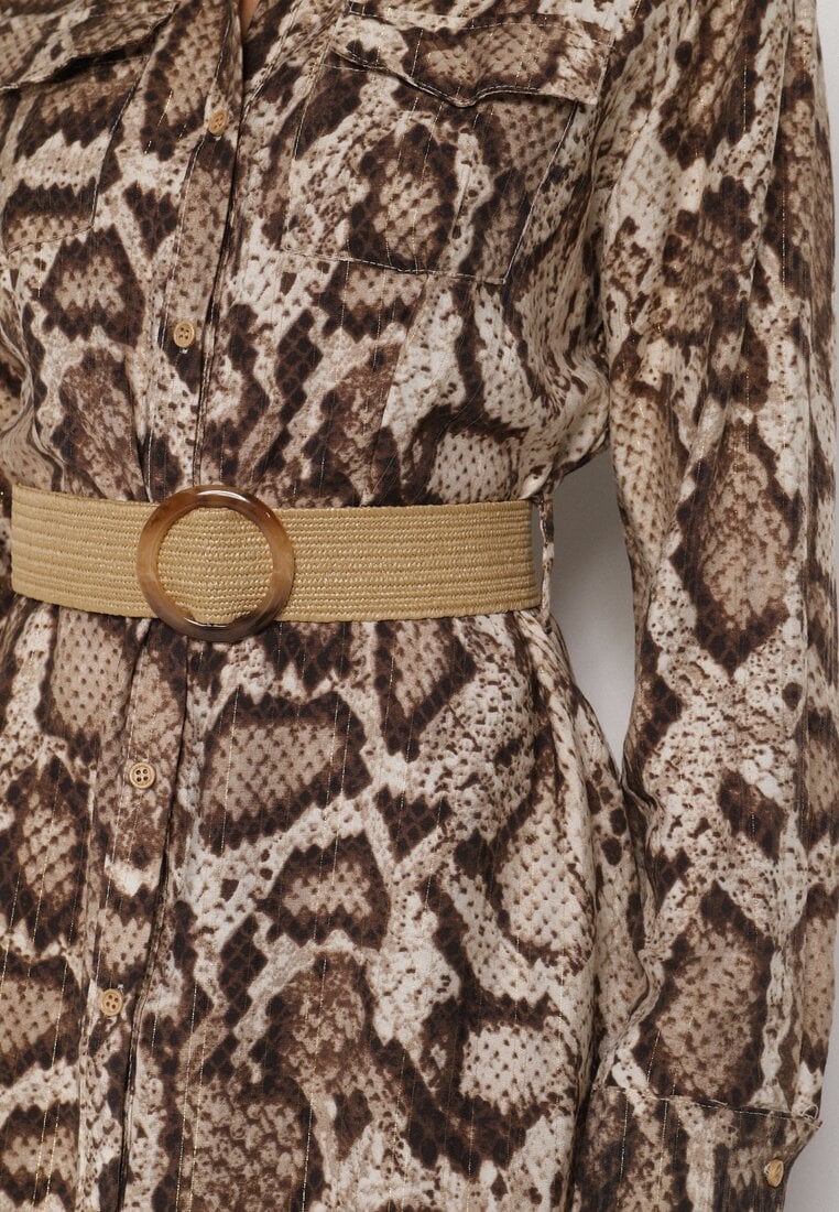 Brązowa Sukienka Koszulowa z Wiskozą Zdobiona Paskiem i Wzorem w Węża Delane