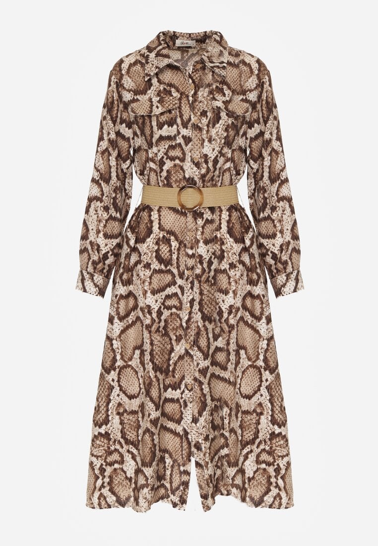 Brązowa Sukienka Koszulowa z Wiskozą Zdobiona Paskiem i Wzorem w Węża Delane