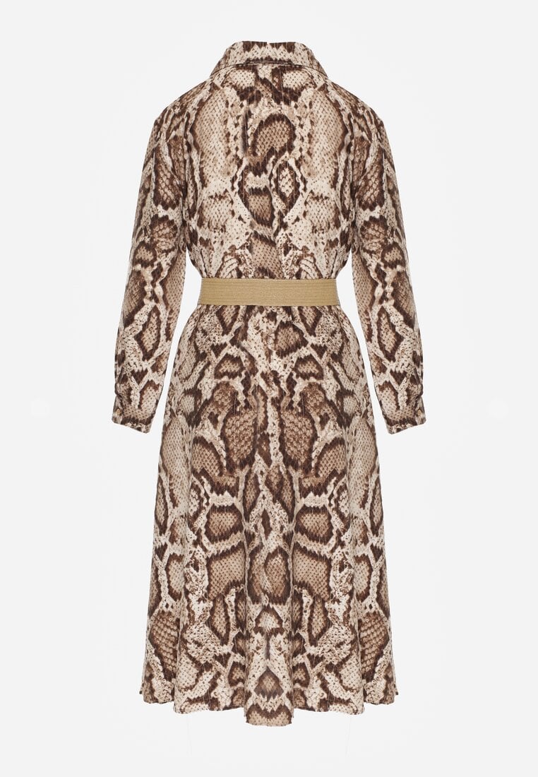 Brązowa Sukienka Koszulowa z Wiskozą Zdobiona Paskiem i Wzorem w Węża Delane