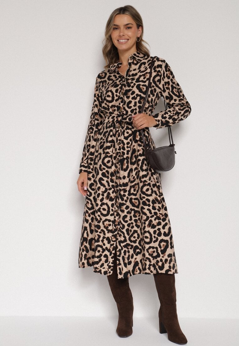 Panterkowa Koszulowa Sukienka z Wiskozą w Panterkę z Wiązanym Paskiem Assava