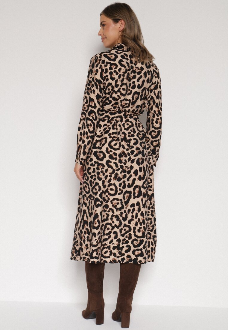 Panterkowa Koszulowa Sukienka z Wiskozą w Panterkę z Wiązanym Paskiem Assava