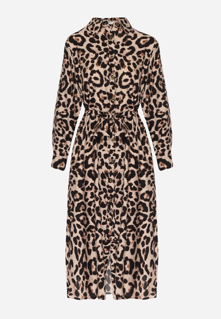 Panterkowa Koszulowa Sukienka z Wiskozą w Panterkę z Wiązanym Paskiem Assava