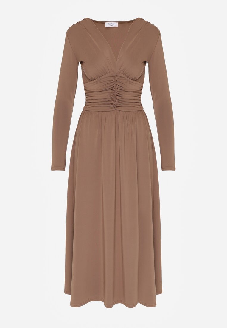 Brązowa Marszczona Sukienka Taliowana z Wiskozą z Dekoltem V i Długim Rękawem Emirie