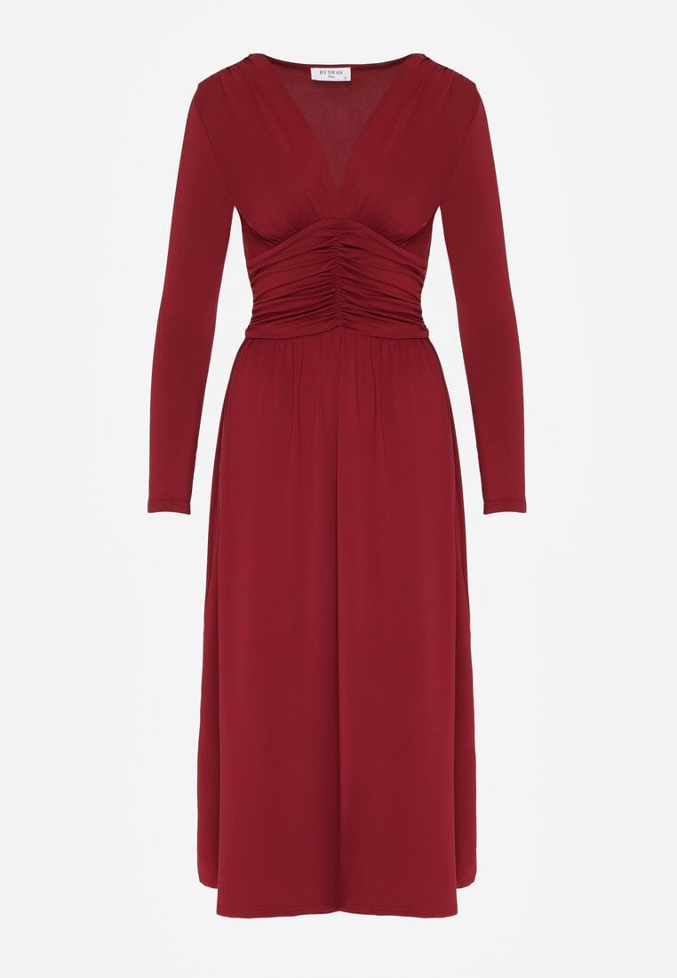 Bordowa Marszczona Sukienka Taliowana z Wiskozą z Dekoltem V i Długim Rękawem Emirie
