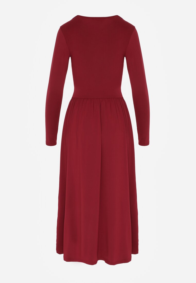 Bordowa Marszczona Sukienka Taliowana z Wiskozą z Dekoltem V i Długim Rękawem Emirie