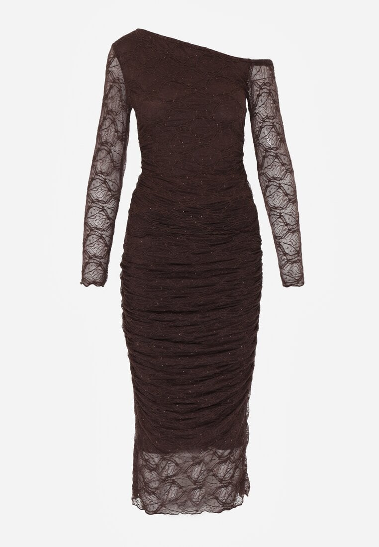 Brązowy Koronkowy Komplet Dopasowana Spódnica i Bluzka na Jedno Ramię Calonara