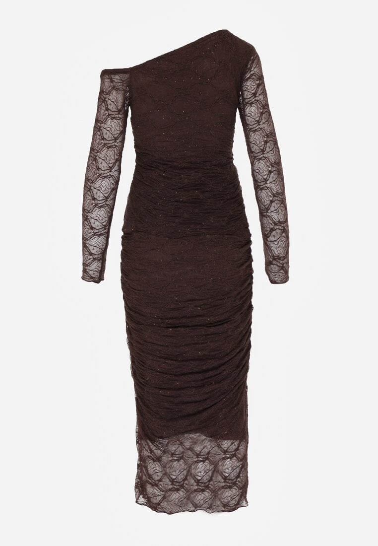 Brązowy Koronkowy Komplet Dopasowana Spódnica i Bluzka na Jedno Ramię Calonara