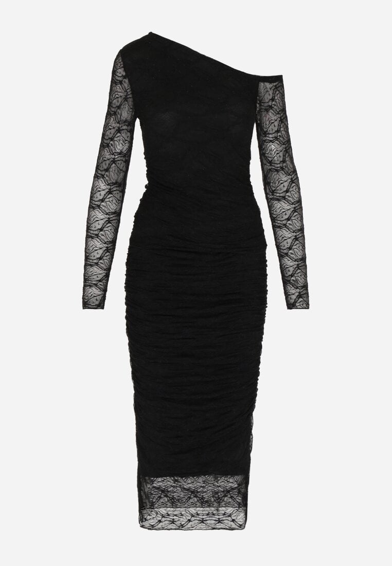 Czarny Koronkowy Komplet Dopasowana Spódnica i Bluzka na Jedno Ramię Calonara