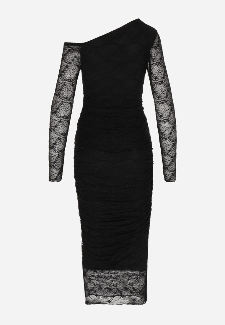 Czarny Koronkowy Komplet Dopasowana Spódnica i Bluzka na Jedno Ramię Calonara