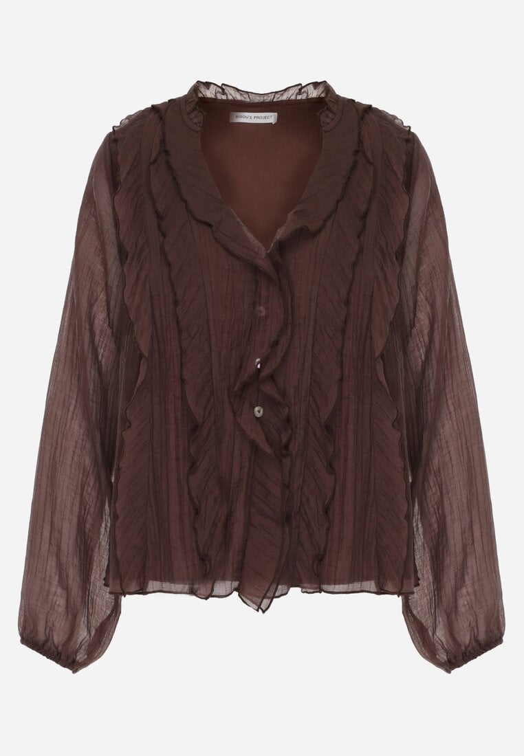 Brązowa Bluzka Koszulowa z Dekoltem w Serek Zdobiona Falbankami Nailiphis