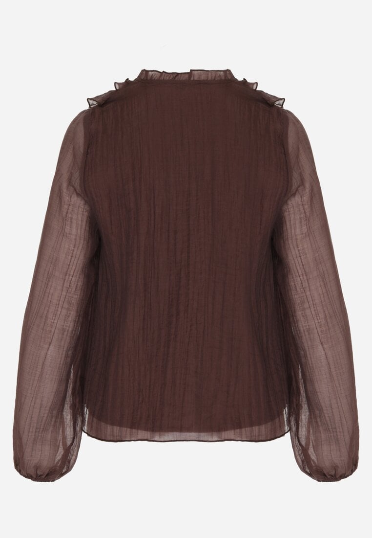 Brązowa Bluzka Koszulowa z Dekoltem w Serek Zdobiona Falbankami Nailiphis