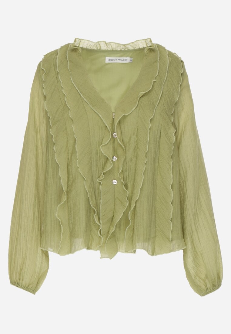 Ciemnobeżowa Bluzka Koszulowa z Dekoltem w Serek Zdobiona Falbankami Nailiphis