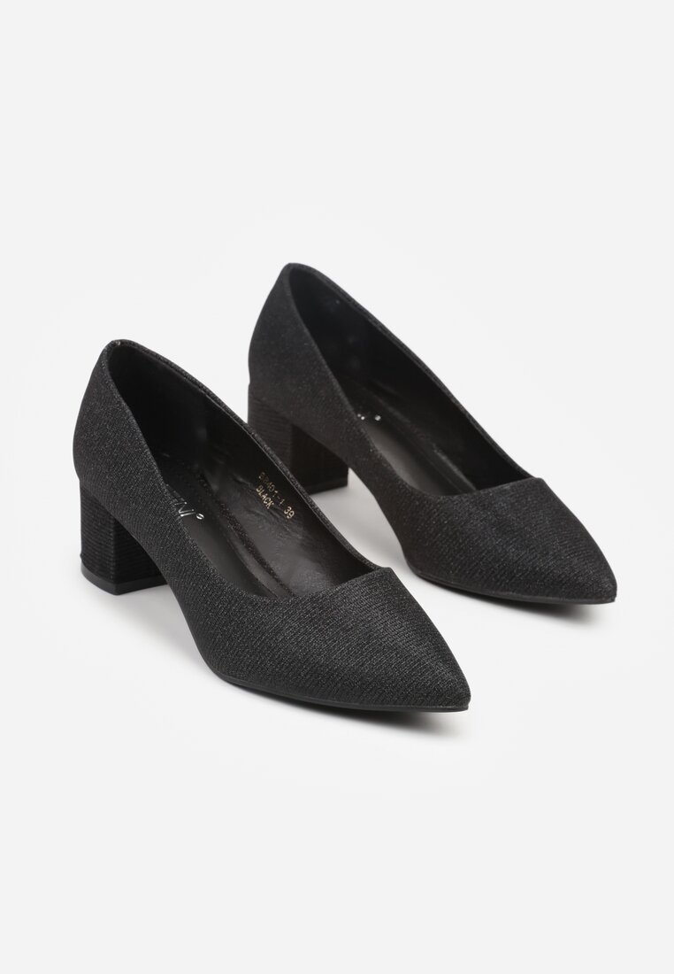 Czarne Klasyczne Czółenka na Niskim Słupku Zdobione Brokatem Sewnaia