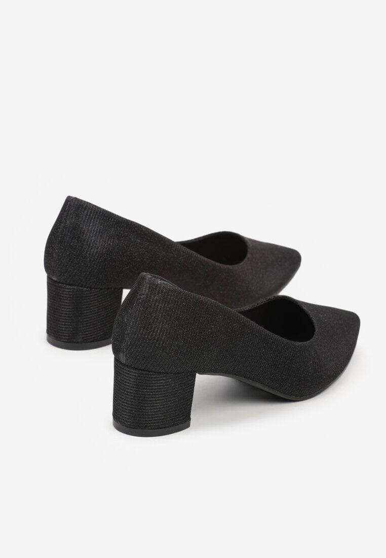 Czarne Klasyczne Czółenka na Niskim Słupku Zdobione Brokatem Sewnaia