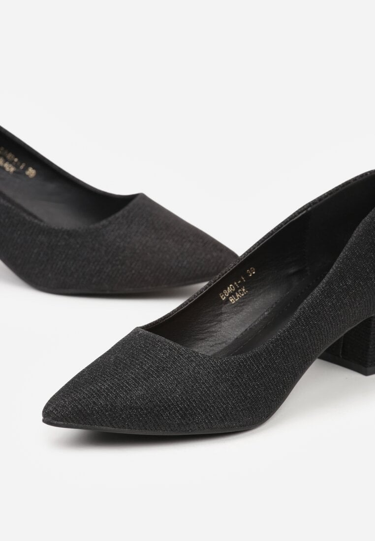 Czarne Klasyczne Czółenka na Niskim Słupku Zdobione Brokatem Sewnaia