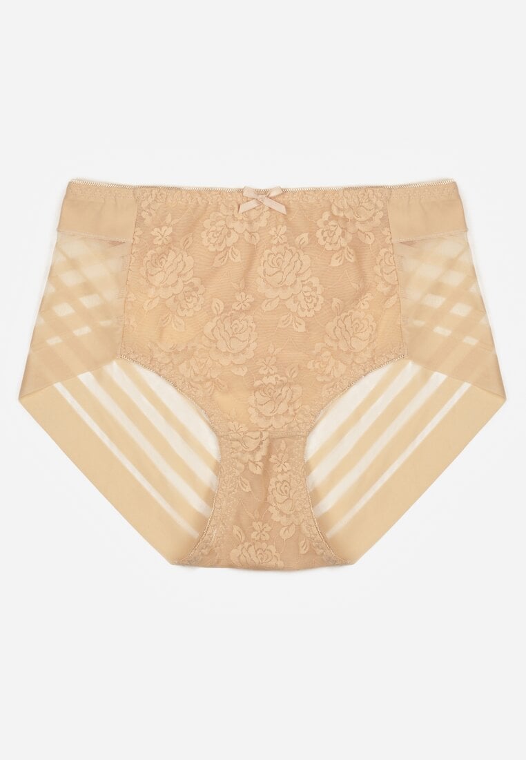 Beżowe Majtki Figi z Wysokim Stanem Zdobione Koronką i Siateczką Helieth