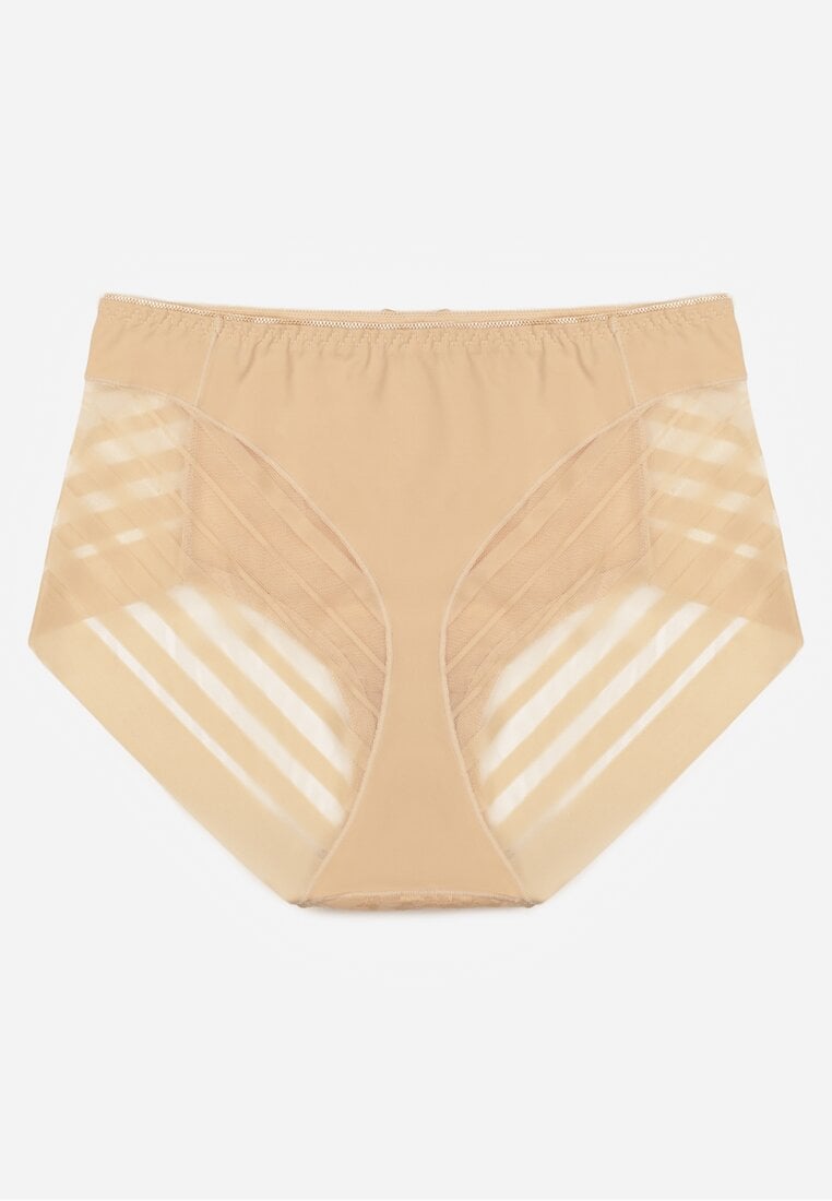 Beżowe Majtki Figi z Wysokim Stanem Zdobione Koronką i Siateczką Helieth