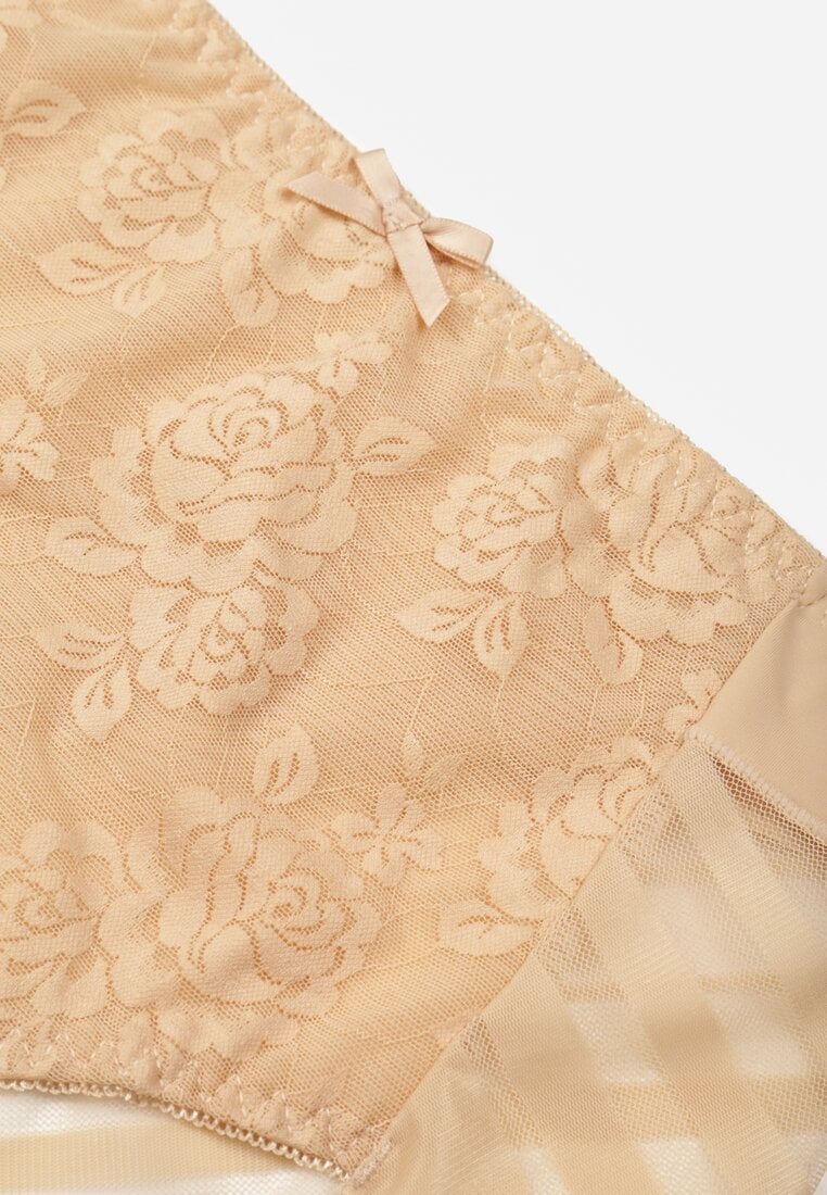 Beżowe Majtki Figi z Wysokim Stanem Zdobione Koronką i Siateczką Helieth