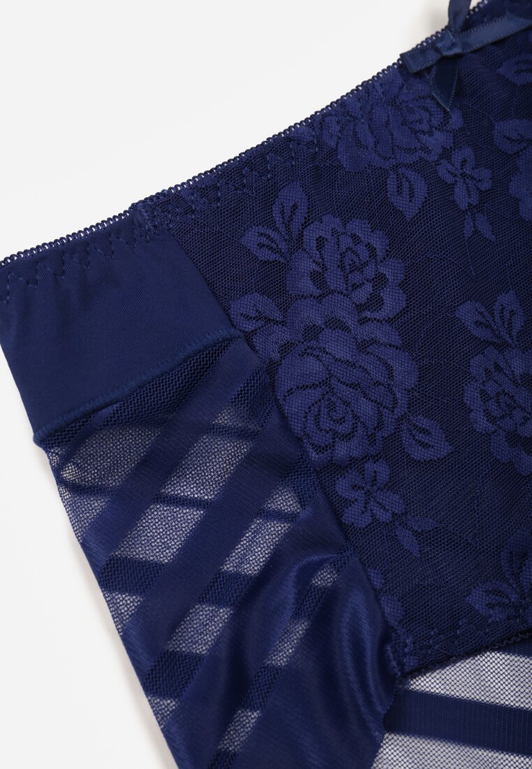 Granatowe Majtki Figi z Wysokim Stanem Zdobione Koronką i Siateczką Helieth