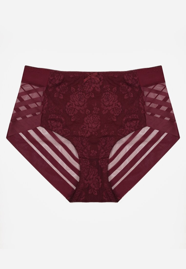Bordowe Majtki Figi z Wysokim Stanem Zdobione Koronką i Siateczką Helieth