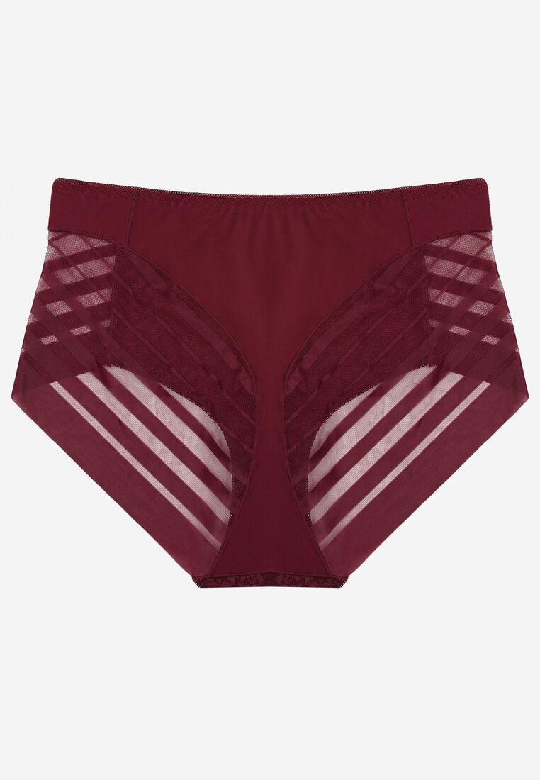 Bordowe Majtki Figi z Wysokim Stanem Zdobione Koronką i Siateczką Helieth