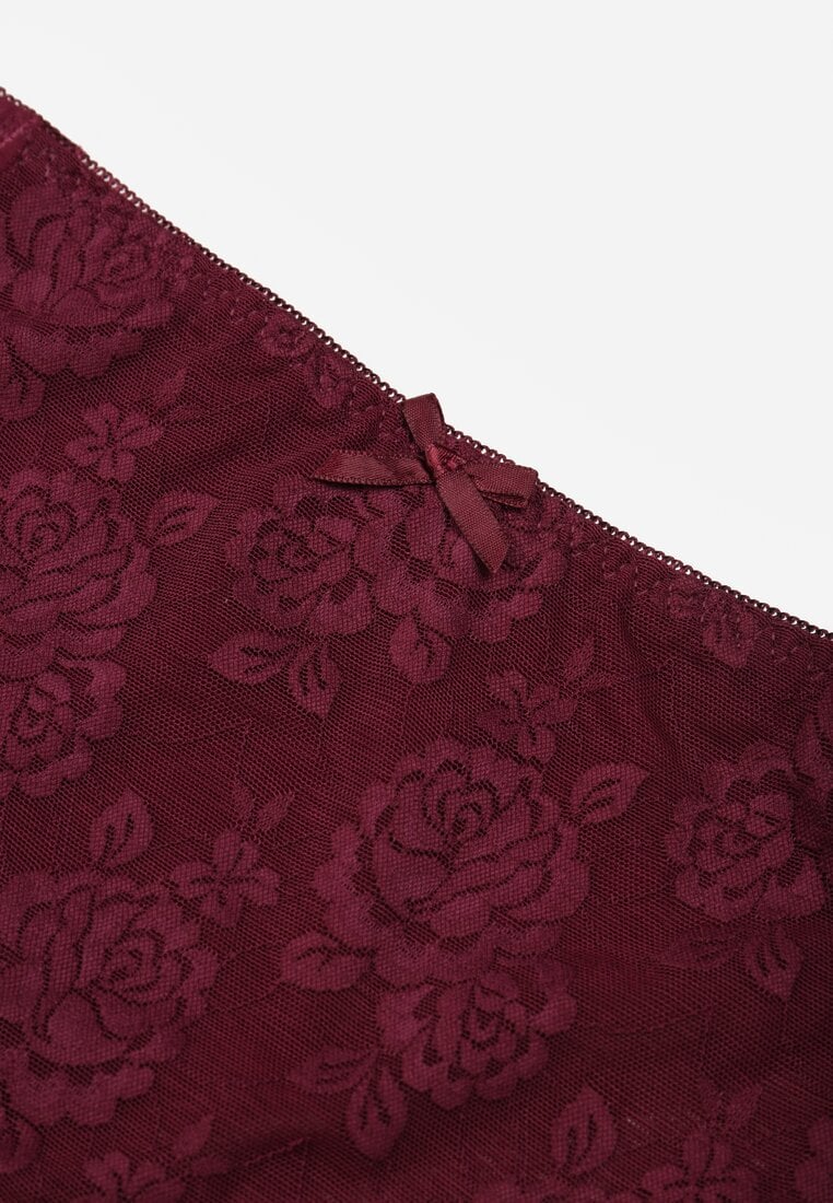 Bordowe Majtki Figi z Wysokim Stanem Zdobione Koronką i Siateczką Helieth
