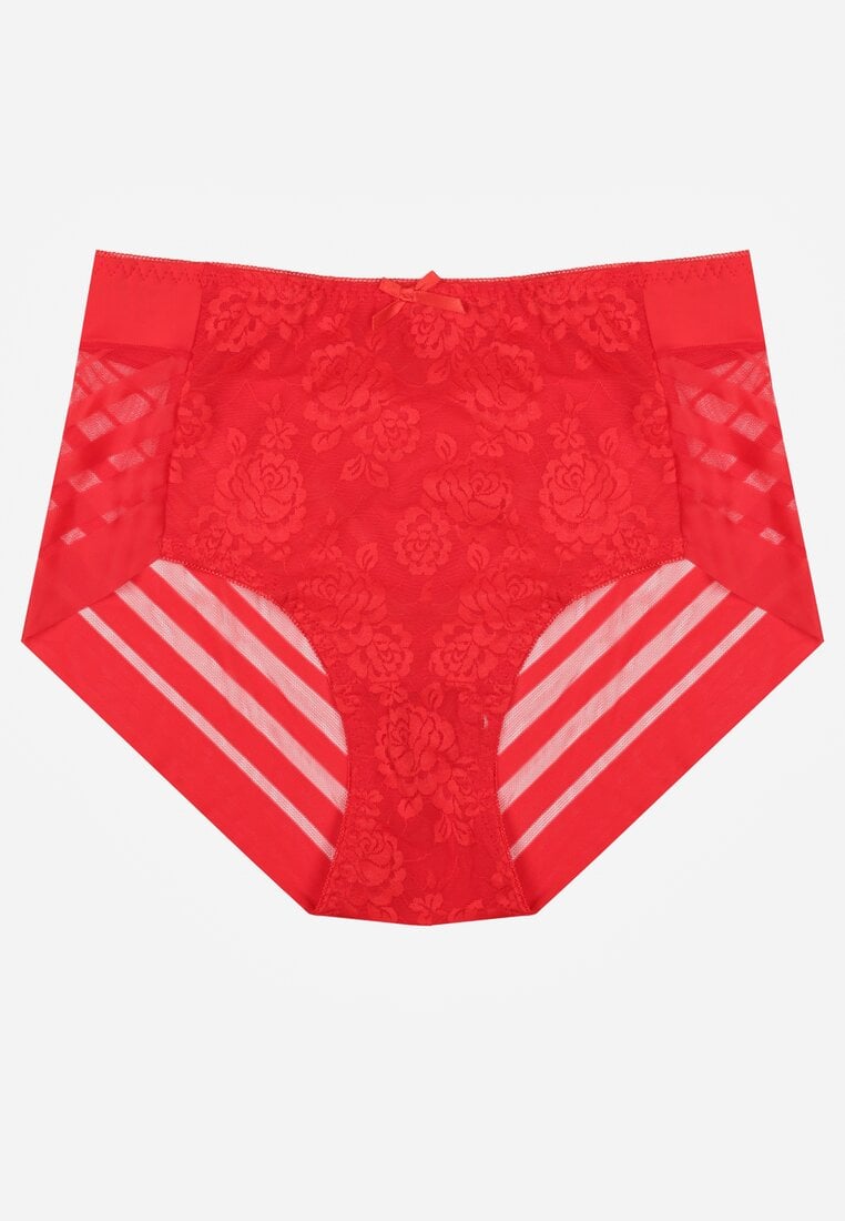 Czerwone Majtki Figi z Wysokim Stanem Zdobione Koronką i Siateczką Helieth