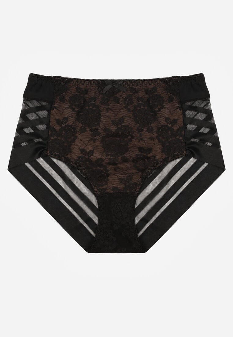Czarno-Beżowe Majtki Figi z Wysokim Stanem Zdobione Koronką i Siateczką Helieth
