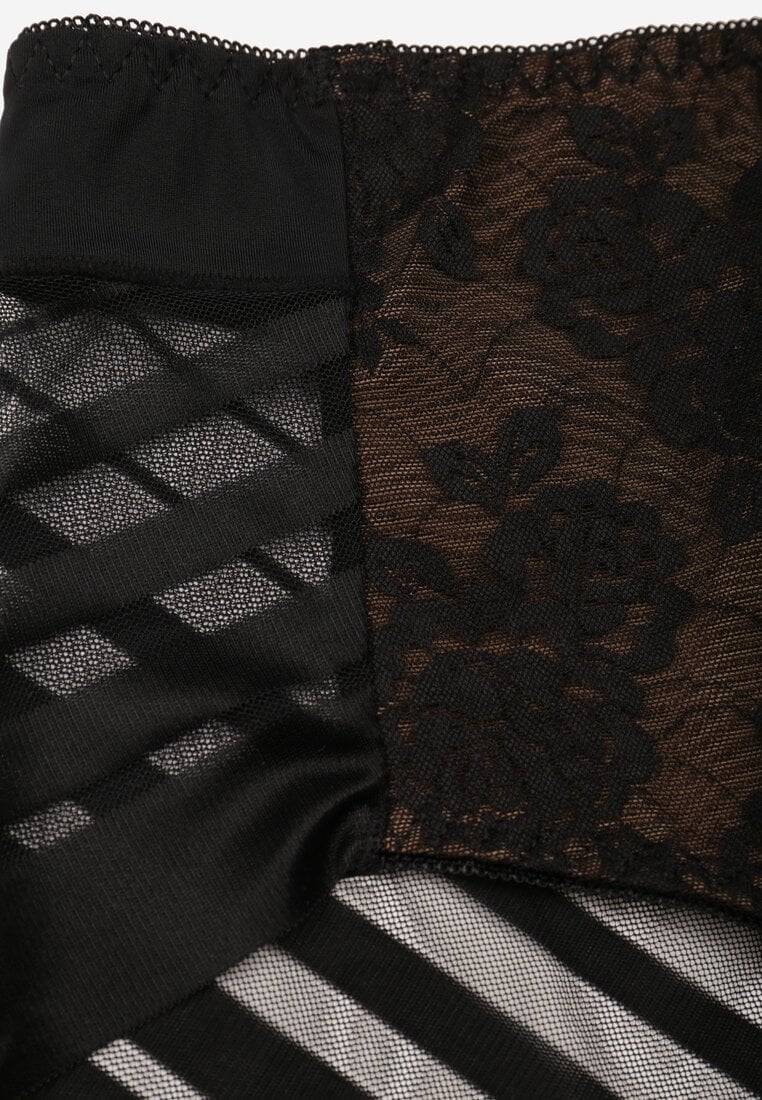 Czarno-Beżowe Majtki Figi z Wysokim Stanem Zdobione Koronką i Siateczką Helieth