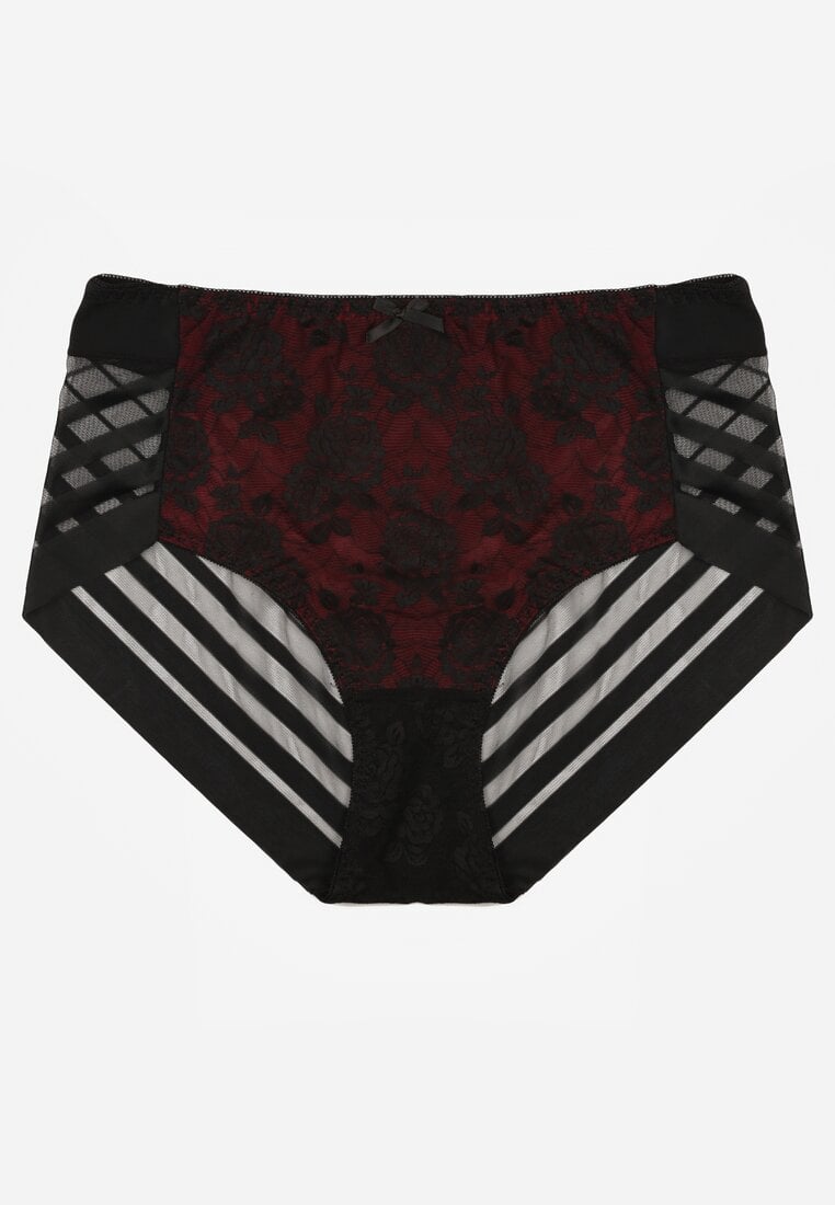 Czarno-Czerwone Majtki Figi z Wysokim Stanem Zdobione Koronką i Siateczką Helieth