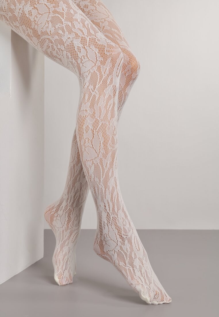 Beżowe Eleganckie Rajstopy z Koronki Hanilira