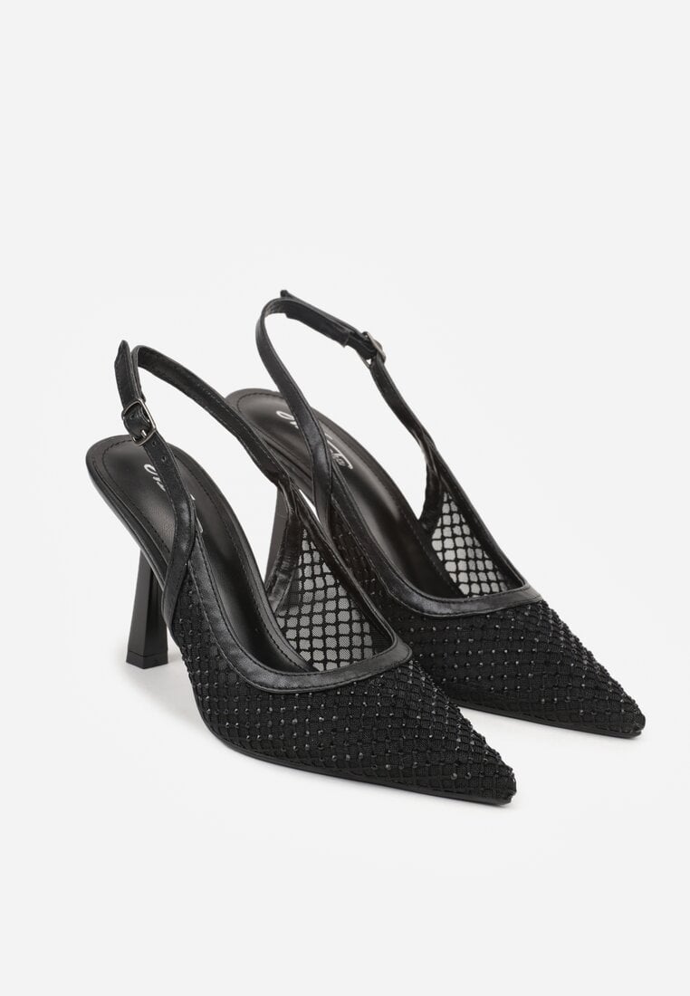 Czarne Sandały na Szpilce Bez Pięty Ozdobione Siateczką i Cyrkoniami Nemelana