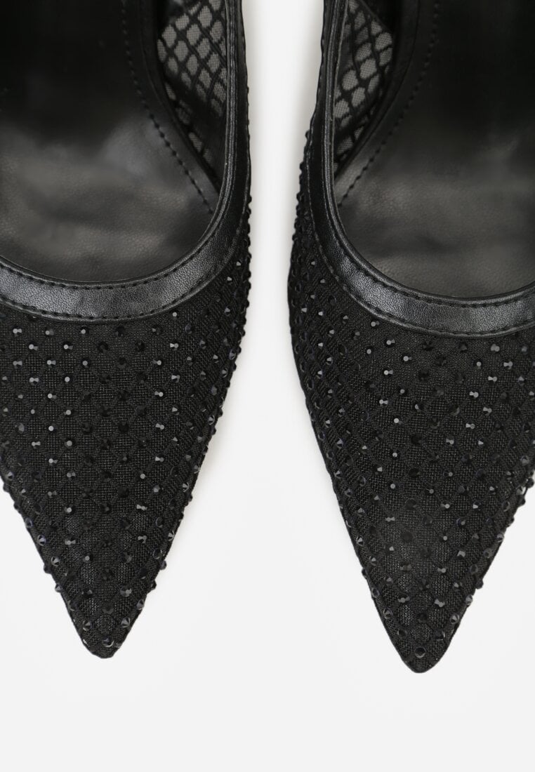 Czarne Sandały na Szpilce Bez Pięty Ozdobione Siateczką i Cyrkoniami Nemelana