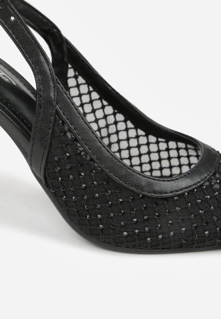 Czarne Sandały na Szpilce Bez Pięty Ozdobione Siateczką i Cyrkoniami Nemelana