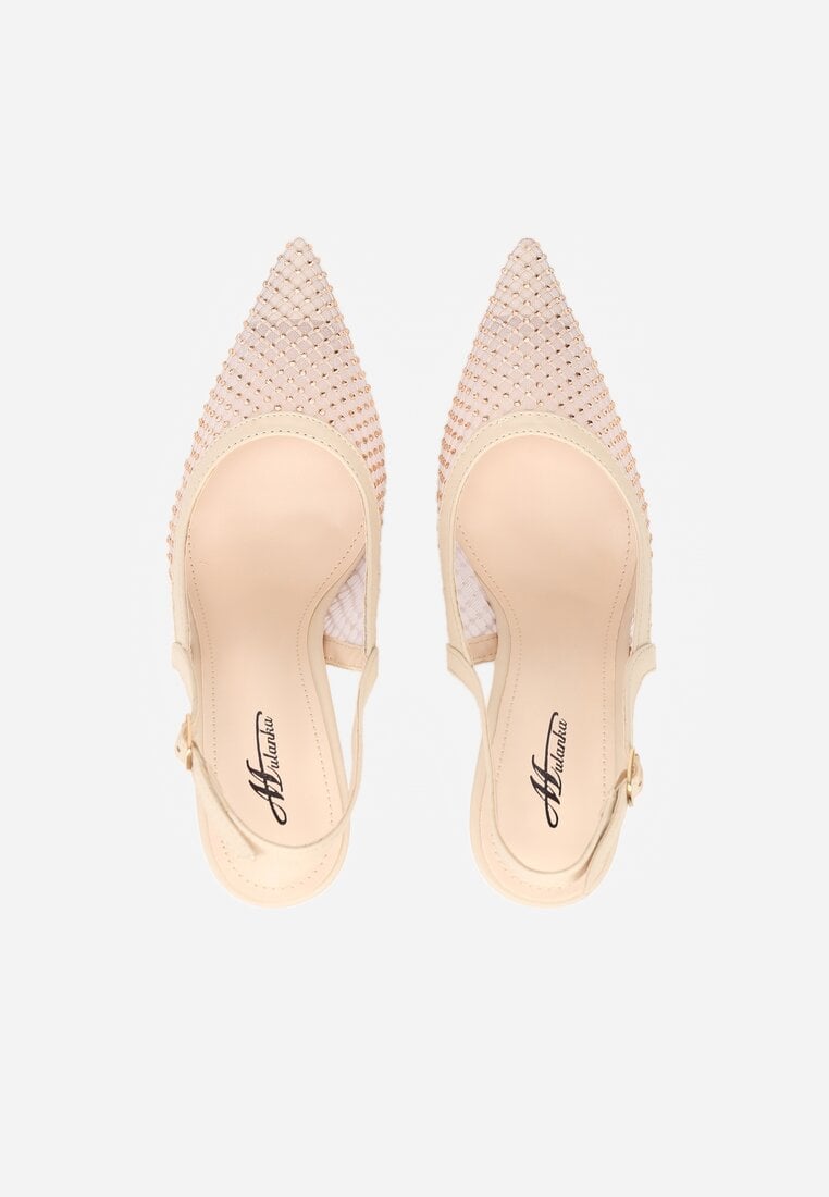 Beżowe Sandały na Szpilce Bez Pięty Ozdobione Siateczką i Cyrkoniami Nemelana