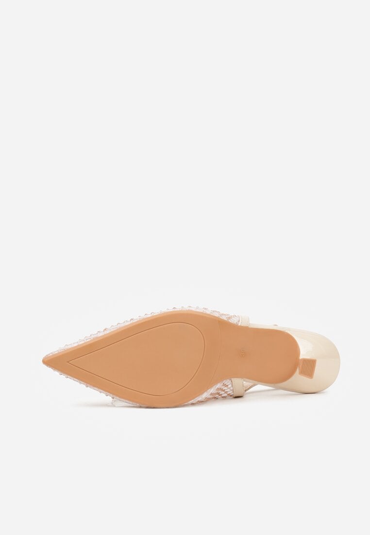 Beżowe Sandały na Szpilce Bez Pięty Ozdobione Siateczką i Cyrkoniami Nemelana