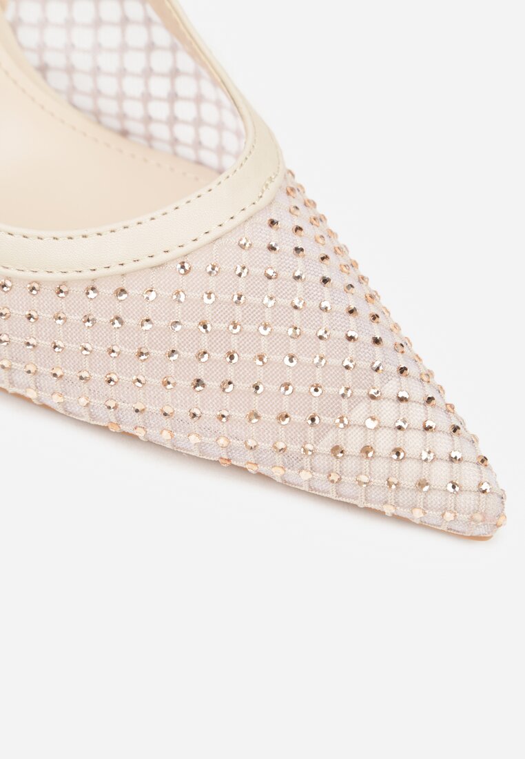 Beżowe Sandały na Szpilce Bez Pięty Ozdobione Siateczką i Cyrkoniami Nemelana