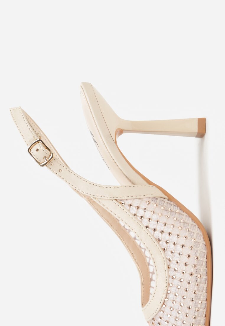 Beżowe Sandały na Szpilce Bez Pięty Ozdobione Siateczką i Cyrkoniami Nemelana