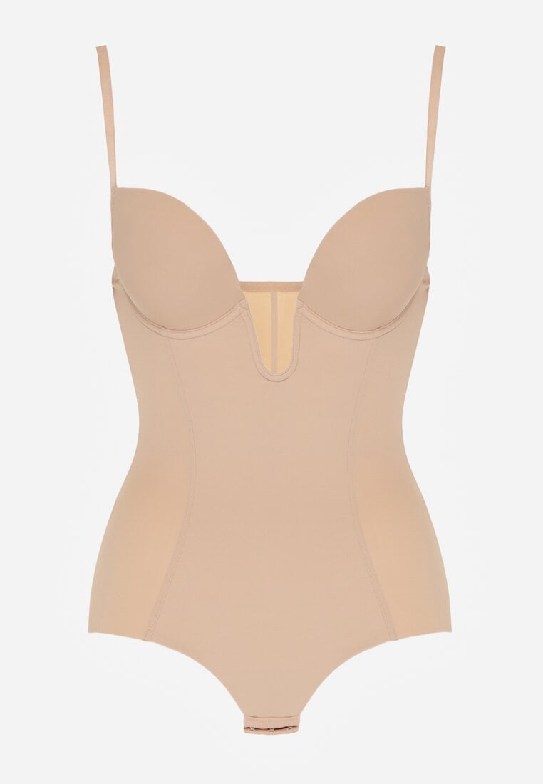 Beżowe Bieliźniane Body Modelujące z Wyciętym Dekoltem Theloria