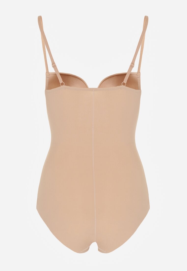 Beżowe Bieliźniane Body Modelujące z Wyciętym Dekoltem Theloria