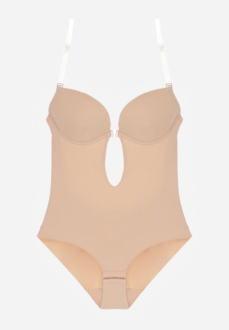 Beżowe Bieliźniane Body z Odkrytymi Plecami i Wyciętym Dekoltem Terise