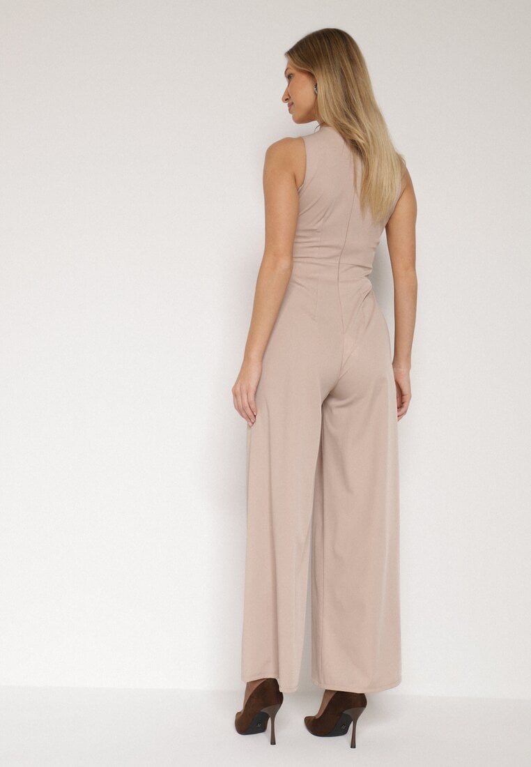 Beżowy Elegancki Kombinezon z Ozdobnymi Zakładkami Zellysha