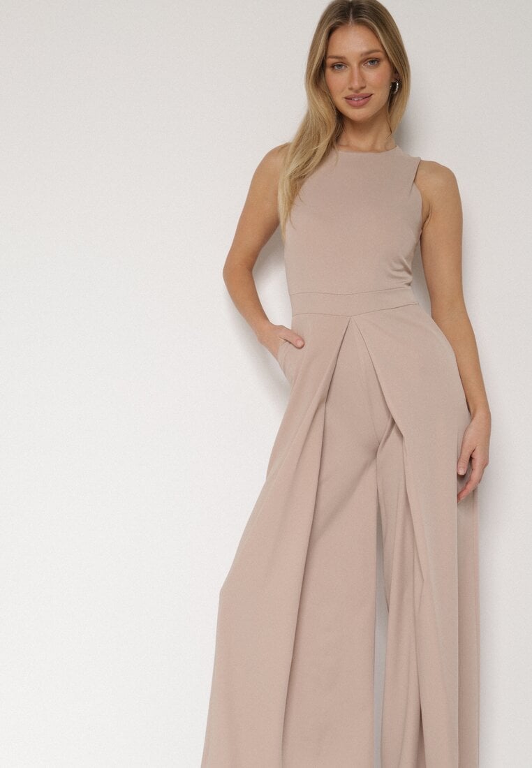 Beżowy Elegancki Kombinezon z Ozdobnymi Zakładkami Zellysha