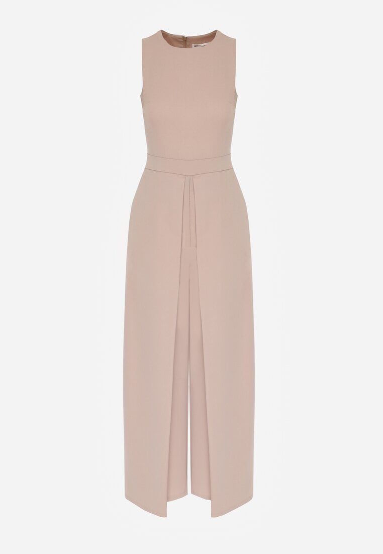 Beżowy Elegancki Kombinezon z Ozdobnymi Zakładkami Zellysha