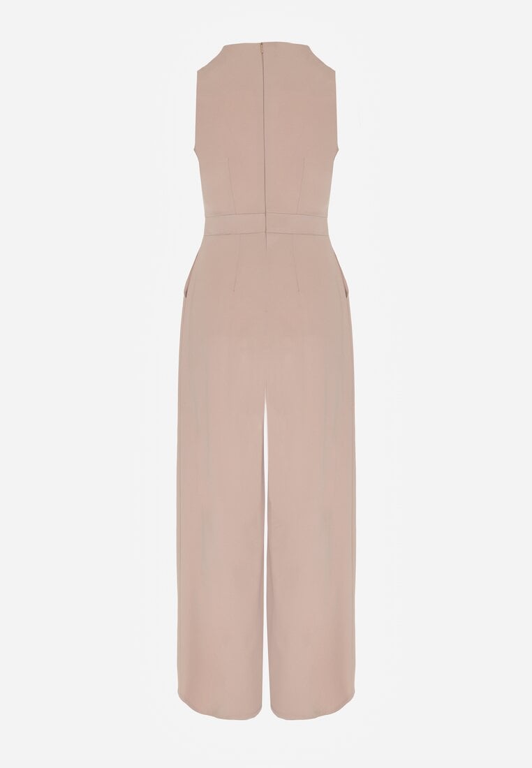 Beżowy Elegancki Kombinezon z Ozdobnymi Zakładkami Zellysha